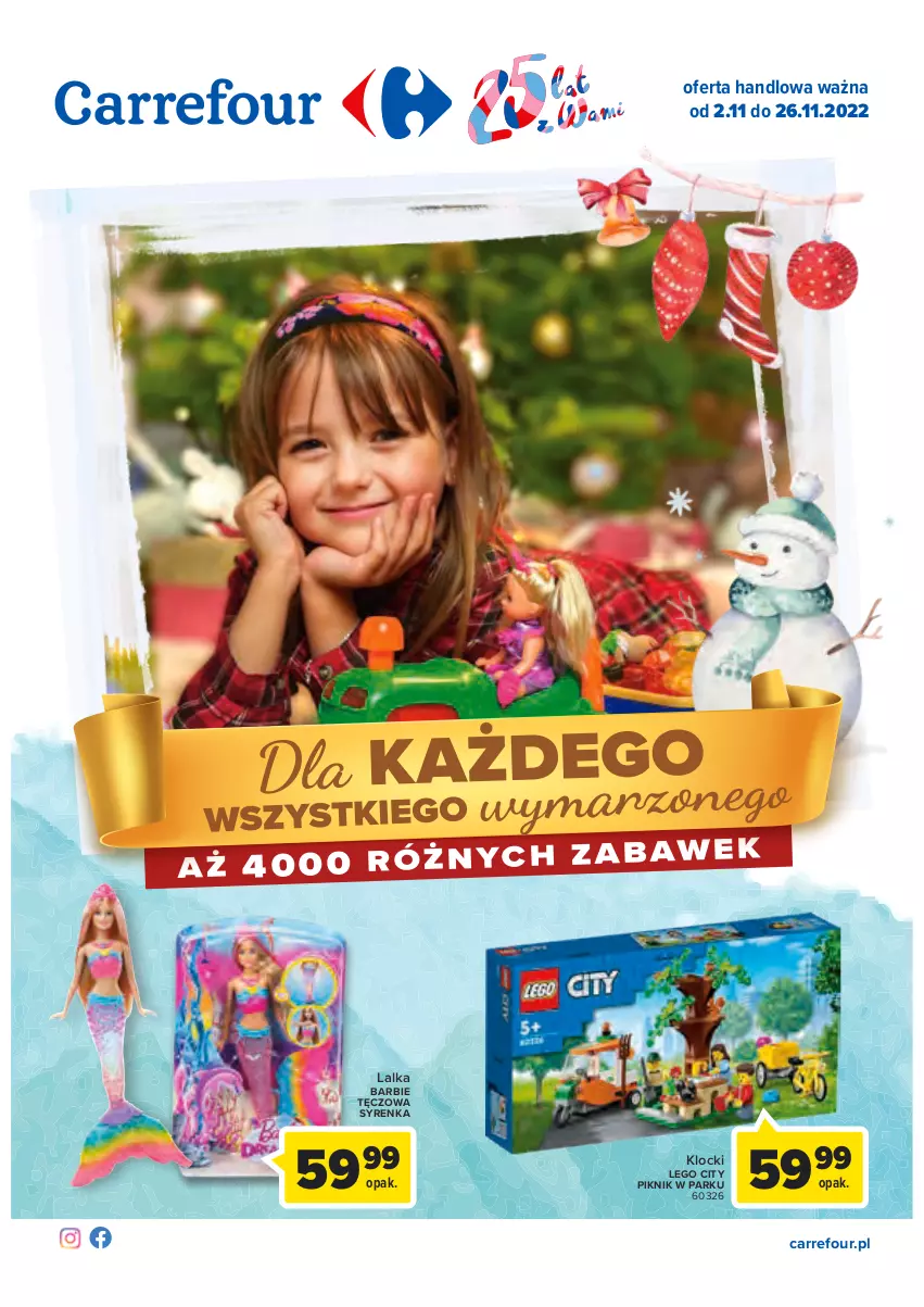 Gazetka promocyjna Carrefour - Gazetka Zabawki - ważna 02.11 do 26.11.2022 - strona 1 - produkty: Barbie, Klocki, Lalka, LEGO, LEGO City, Tęczowa syrenka