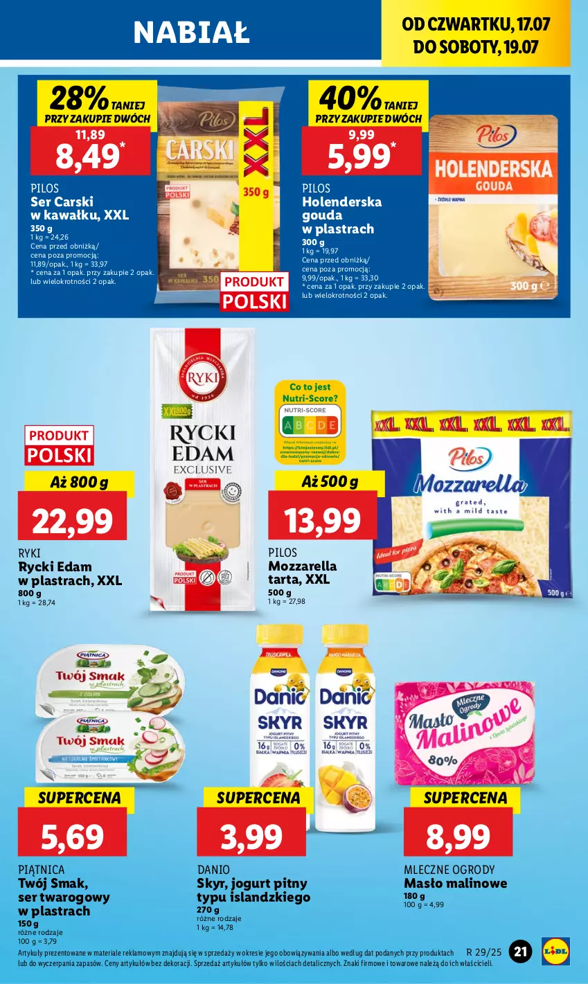 Gazetka promocyjna Lidl - GAZETKA - ważna 17.07 do 19.07.2025 - strona 25 - produkty: Cars, Danio, Edam, Gouda, Isla, Jogurt, Jogurt pitny, Kawa, Masło, Mozzarella, Piątnica, Pilos, Rycki Edam, Ser, Ser twarogowy, Tarta, Twój Smak