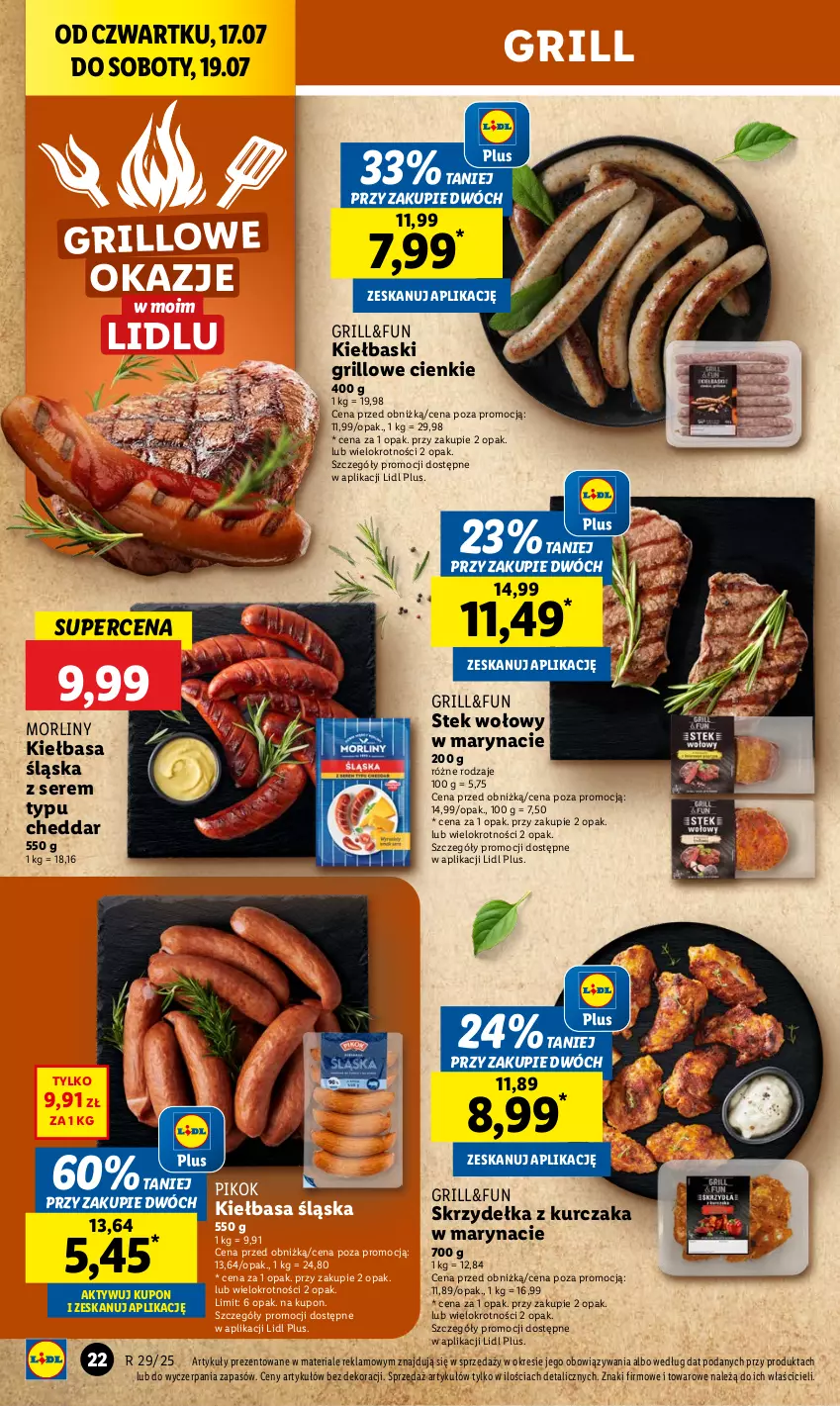 Gazetka promocyjna Lidl - GAZETKA - ważna 17.07 do 19.07.2025 - strona 28 - produkty: Cheddar, Grill, Kiełbasa, Kiełbasa śląska, Kurczak, Morliny, PIKOK, Ser, Skrzydełka z kurczaka, Stek, Stek wołowy