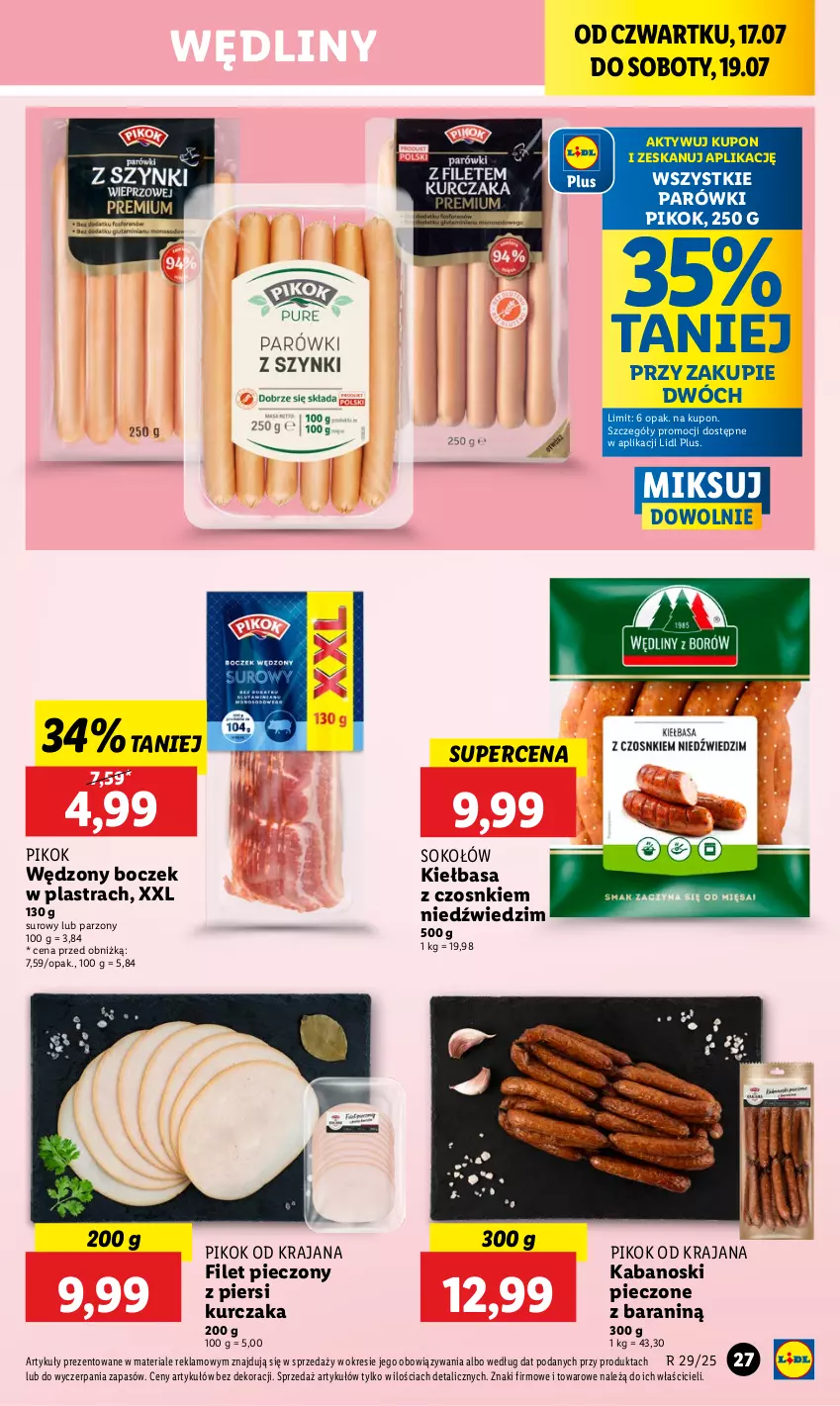 Gazetka promocyjna Lidl - GAZETKA - ważna 17.07 do 19.07.2025 - strona 33 - produkty: Boczek, Kabanos, Kiełbasa, Kurczak, Parówki, Piec, PIKOK, Sok, Sokołów