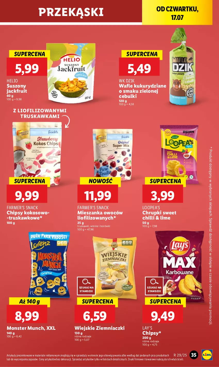 Gazetka promocyjna Lidl - GAZETKA - ważna 17.07 do 19.07.2025 - strona 45 - produkty: Chipsy, Chrupki, Fa, Helio, Kokos, Lay’s, Monster Munch, Truskawki, Wafle