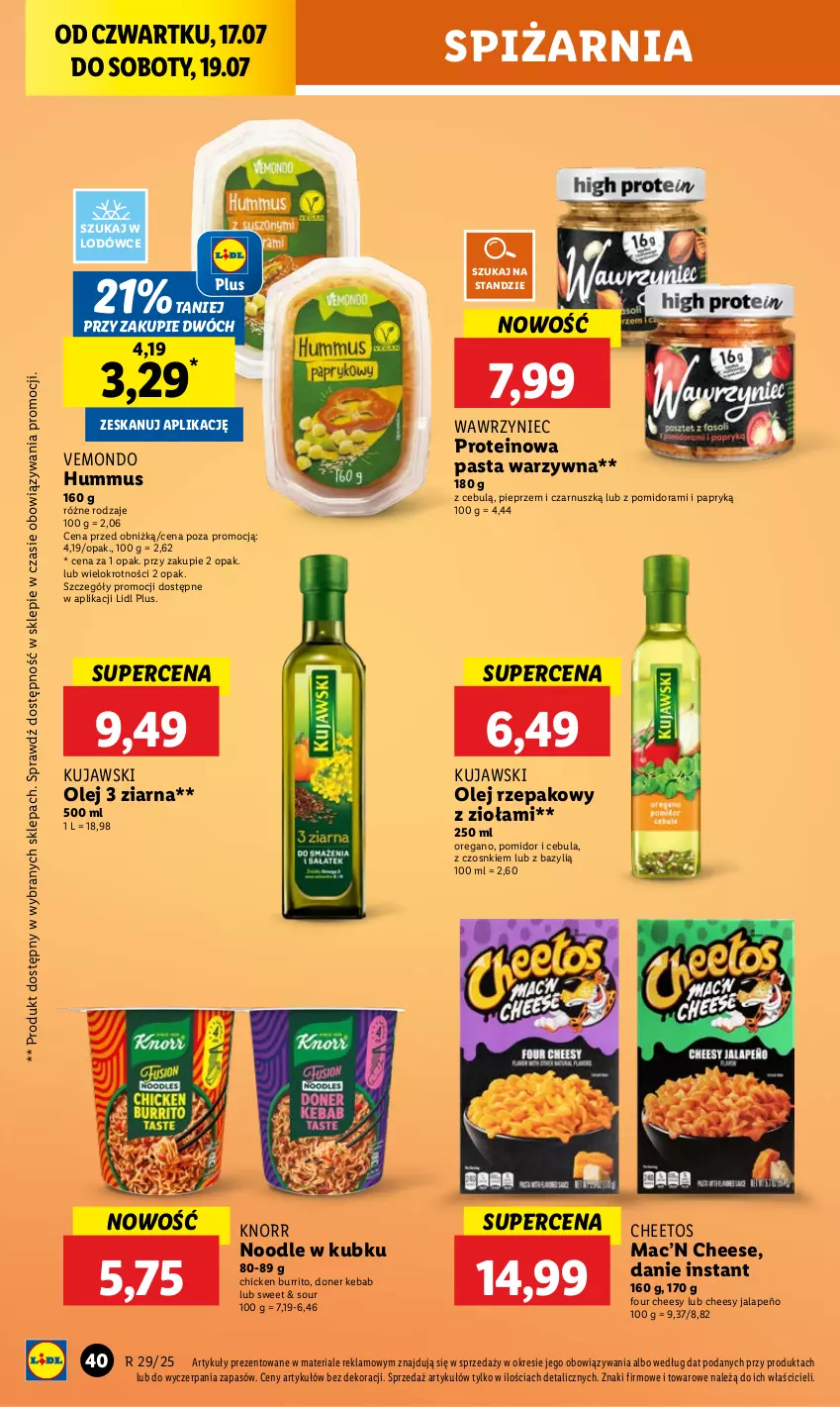 Gazetka promocyjna Lidl - GAZETKA - ważna 17.07 do 19.07.2025 - strona 50 - produkty: Bazyl, Cebula, Cheetos, Hummus, Kebab, Knorr, Kujawski, Mus, Olej, Olej rzepakowy, Pasta warzywna, Pieprz