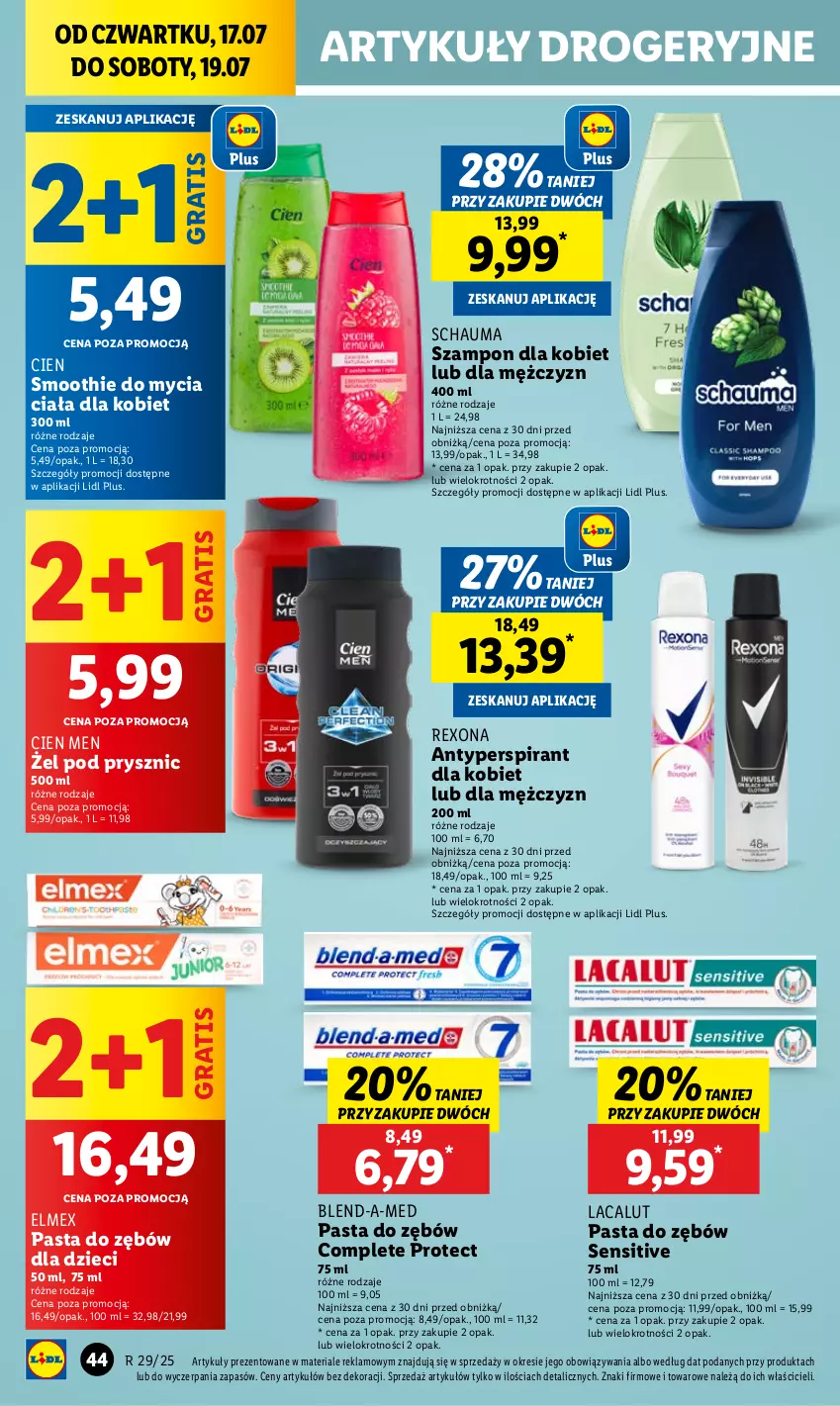 Gazetka promocyjna Lidl - GAZETKA - ważna 17.07 do 19.07.2025 - strona 54 - produkty: Antyperspirant, Blend-a-Med, Dzieci, Elmex, Gra, Lacalut, Pasta do zębów, Rexona, Schauma, Smoothie, Szampon