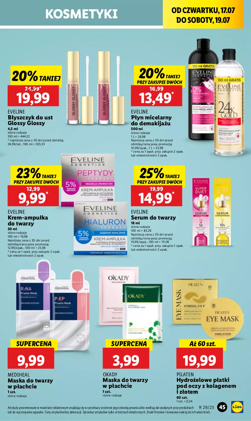 Gazetka promocyjna Lidl - GAZETKA - ważna 17.07 do 19.07.2025 - strona 55 - produkty: Błyszczyk do ust, Eveline, Hydrożelowe płatki pod oczy, Kolagen, Makijaż, Maska, Maska do twarzy, Płyn micelarny, Rum, Ser, Serum, Serum do twarzy