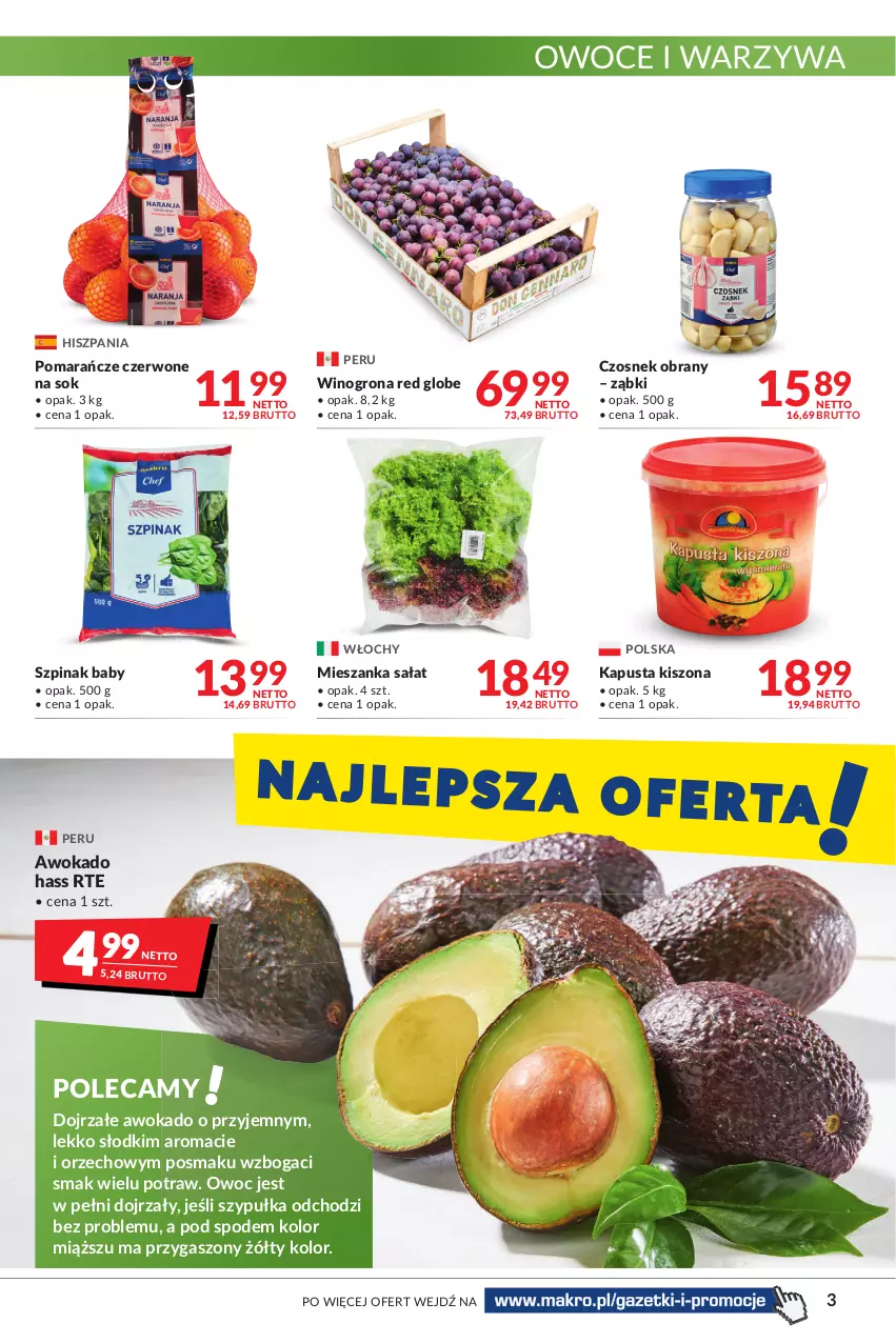 Gazetka promocyjna Makro - [Oferta promocyjna] Artykuły spożywcze i przemysłowe - ważna 07.01 do 24.01.2022 - strona 3 - produkty: Czosnek, Mieszanka sałat, Owoce, Pomarańcze, Sałat, Sok, Szpinak, Warzywa, Wino, Winogrona