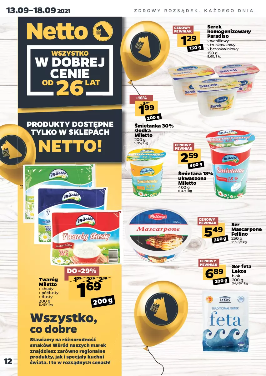 Gazetka promocyjna Netto - Gazetka spożywcza - ważna 13.09 do 18.09.2021 - strona 12 - produkty: Feta, Mascarpone, Ser, Serek, Serek homogenizowany, Twaróg