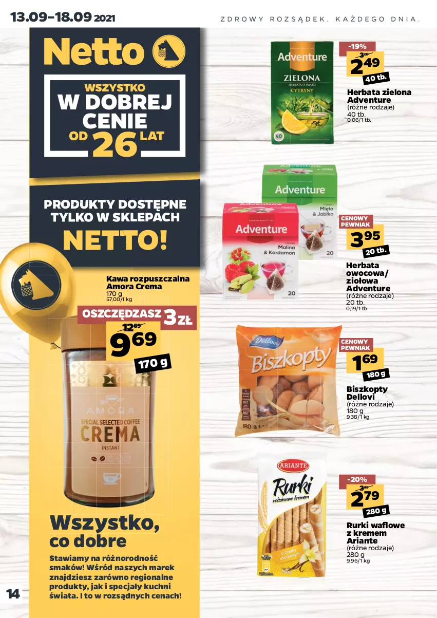 Gazetka promocyjna Netto - Gazetka spożywcza - ważna 13.09 do 18.09.2021 - strona 14 - produkty: Biszkopty, Dell, Herbata, Herbata owocowa, Kawa, Kawa rozpuszczalna, Lovi, Rurki