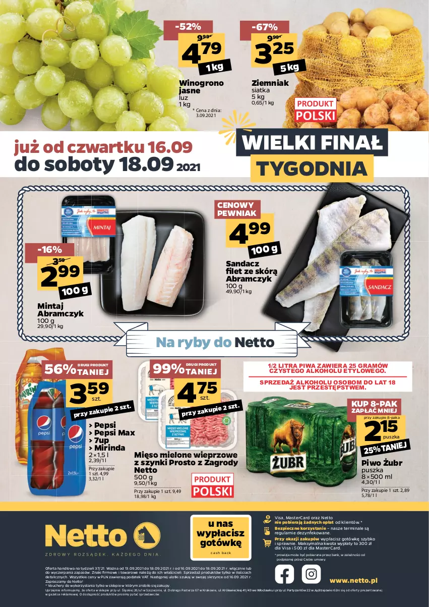 Gazetka promocyjna Netto - Gazetka spożywcza - ważna 13.09 do 18.09.2021 - strona 24 - produkty: 7up, Gra, Mięso, Mięso mielone, Mintaj, Mirinda, Pepsi, Pepsi max, Piec, Piwa, Piwo, Sandacz, Sandacz filet, Siatka, Wino