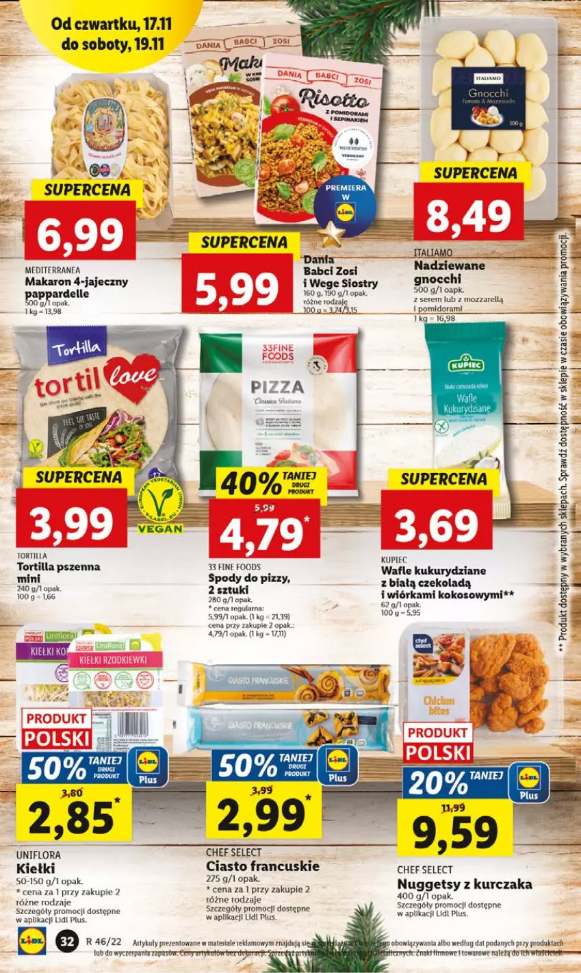 Gazetka promocyjna Lidl - GAZETKA - ważna 17.11 do 19.11.2022 - strona 32 - produkty: Fa, Kiełki, Kokos, Kupiec, Kurczak, LG, Makaron, Piec, Ser, Tortilla, Wafle