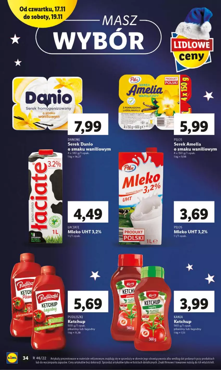 Gazetka promocyjna Lidl - GAZETKA - ważna 17.11 do 19.11.2022 - strona 34 - produkty: Danio, Fa, Ketchup, Mleko, Pilos, Pudliszki, Ser, Serek