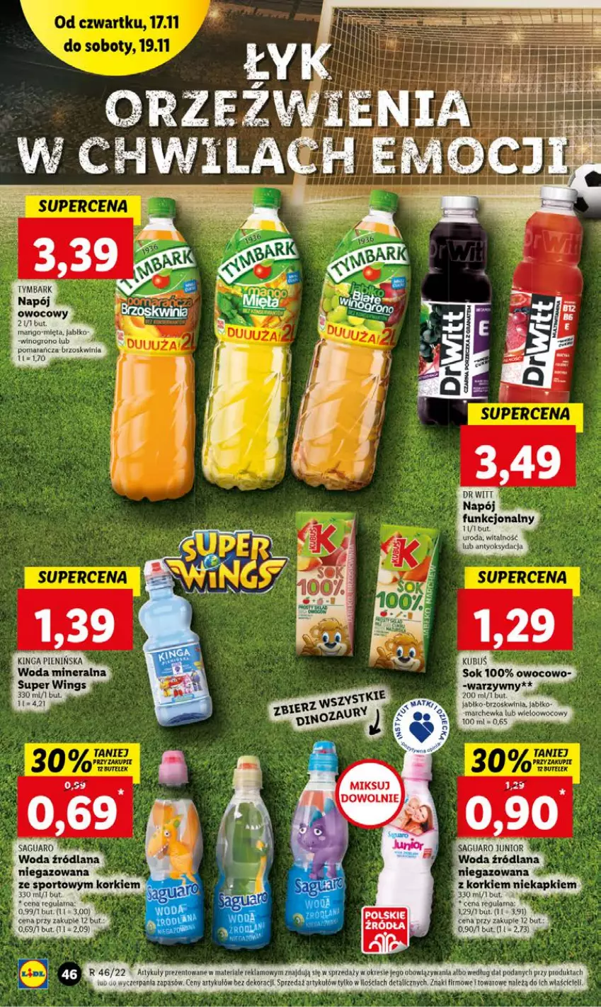 Gazetka promocyjna Lidl - GAZETKA - ważna 17.11 do 19.11.2022 - strona 46 - produkty: Kubuś, LANA, Mango, Marchewka, Mięta, Napój, Por, Sok, Sport, Super wings, Tymbark, Wino, Woda, Woda mineralna