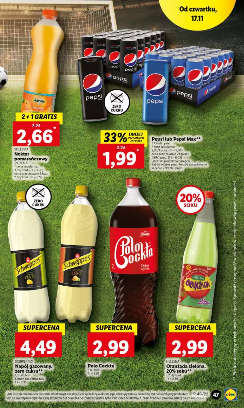 Gazetka promocyjna Lidl - GAZETKA - ważna 17.11 do 19.11.2022 - strona 47 - produkty: Hellena, Napój, Napój gazowany, Nektar, Olej, Oranżada, Pepsi, Pepsi max, Schweppes, Sok