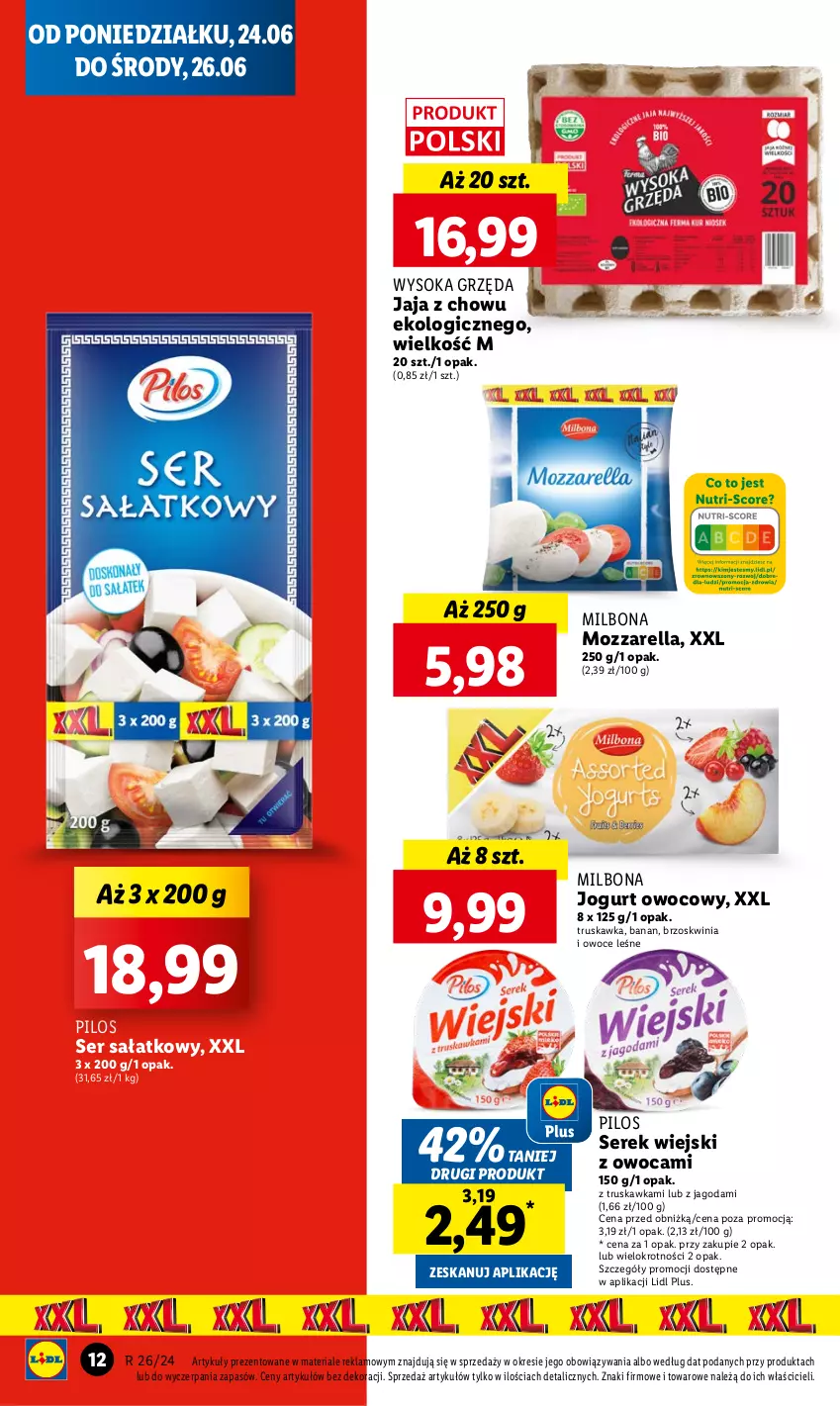 Gazetka promocyjna Lidl - GAZETKA - ważna 24.06 do 26.06.2024 - strona 14 - produkty: Jaja, Jogurt, Jogurt owocowy, Mozzarella, Owoce, Pilos, Sałat, Ser, Serek, Serek wiejski, Sok