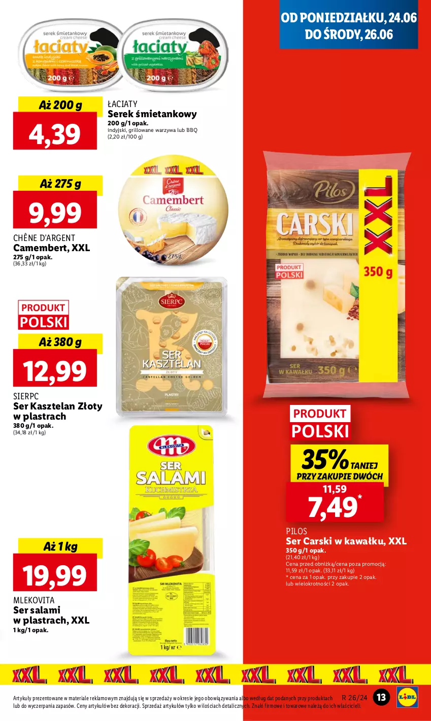 Gazetka promocyjna Lidl - GAZETKA - ważna 24.06 do 26.06.2024 - strona 15 - produkty: Camembert, Cars, Grill, Kasztelan, Kawa, Mleko, Mlekovita, Pilos, Salami, Ser, Ser Kasztelan, Ser salami, Serek, Warzywa