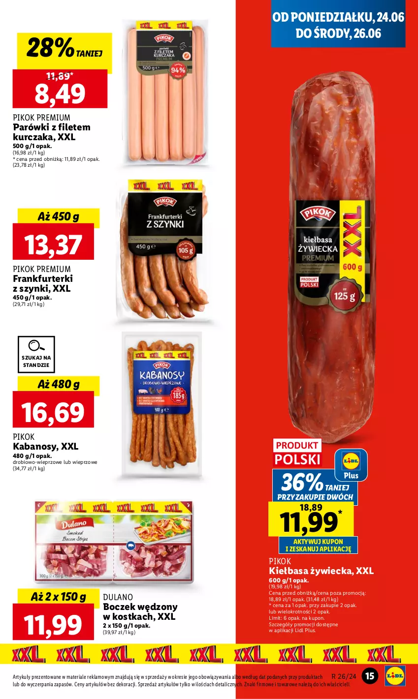 Gazetka promocyjna Lidl - GAZETKA - ważna 24.06 do 26.06.2024 - strona 17 - produkty: Boczek, Dulano, Frankfurterki, Kabanos, Kiełbasa, Kurczak, Parówki, PIKOK