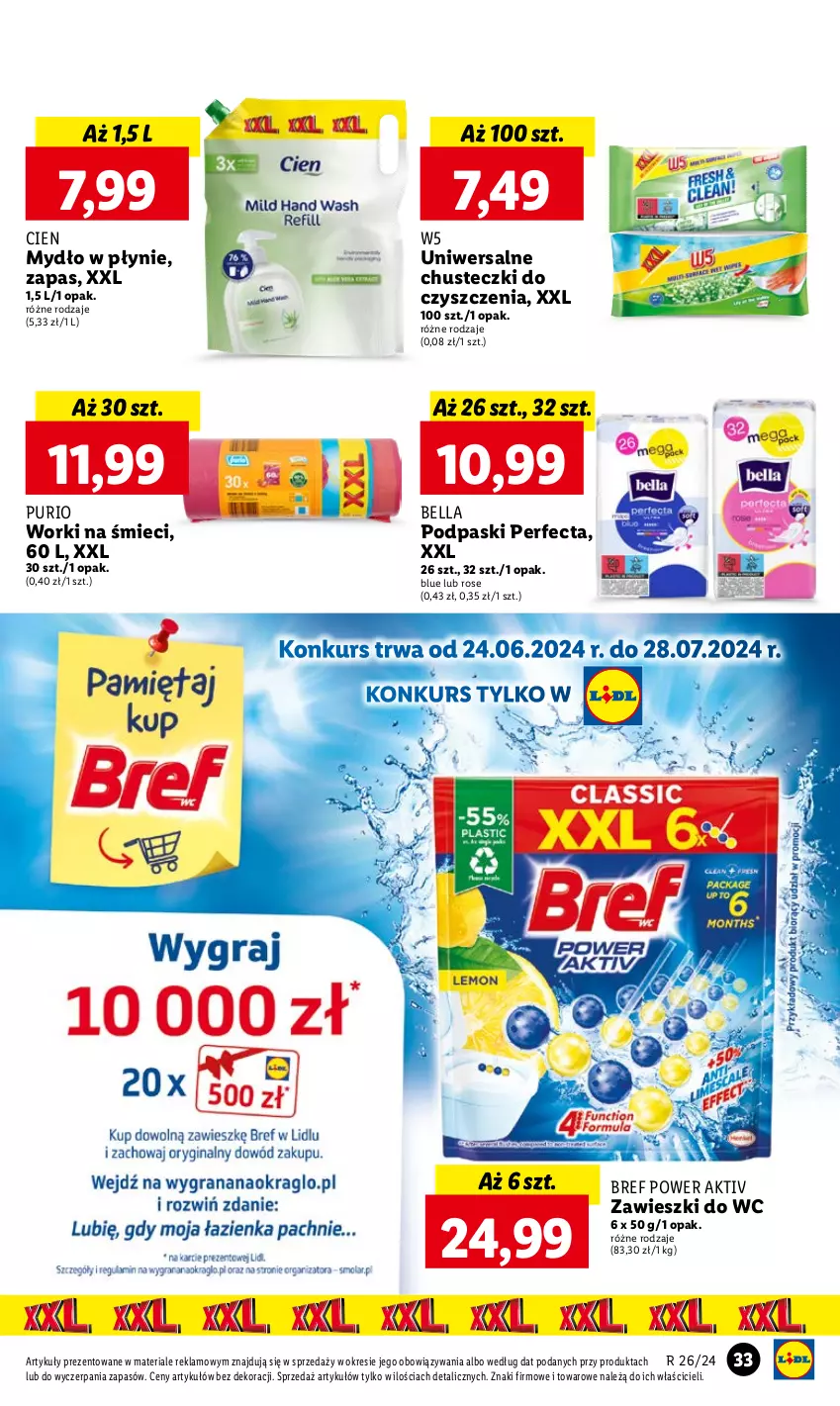 Gazetka promocyjna Lidl - GAZETKA - ważna 24.06 do 26.06.2024 - strona 35 - produkty: Bell, Bella, Bref, Chusteczki, Chusteczki do czyszczenia, Mydło, Mydło w płynie, Perfecta, Podpaski, Pur, Worki na śmiec, Worki na śmieci, Zawieszki