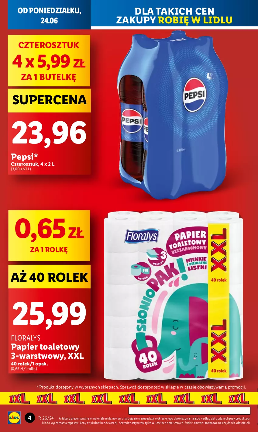 Gazetka promocyjna Lidl - GAZETKA - ważna 24.06 do 26.06.2024 - strona 4 - produkty: Flora, Papier, Papier toaletowy, Pepsi