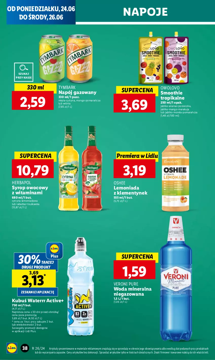 Gazetka promocyjna Lidl - GAZETKA - ważna 24.06 do 26.06.2024 - strona 42 - produkty: Ananas, Herbapol, Kubuś, Kubuś Waterrr, Lemoniada, Mango, Mięta, Morela, Napój, Napój gazowany, Napoje, Oshee, Por, Pur, Smoothie, Syrop, Tymbark, Woda, Woda mineralna