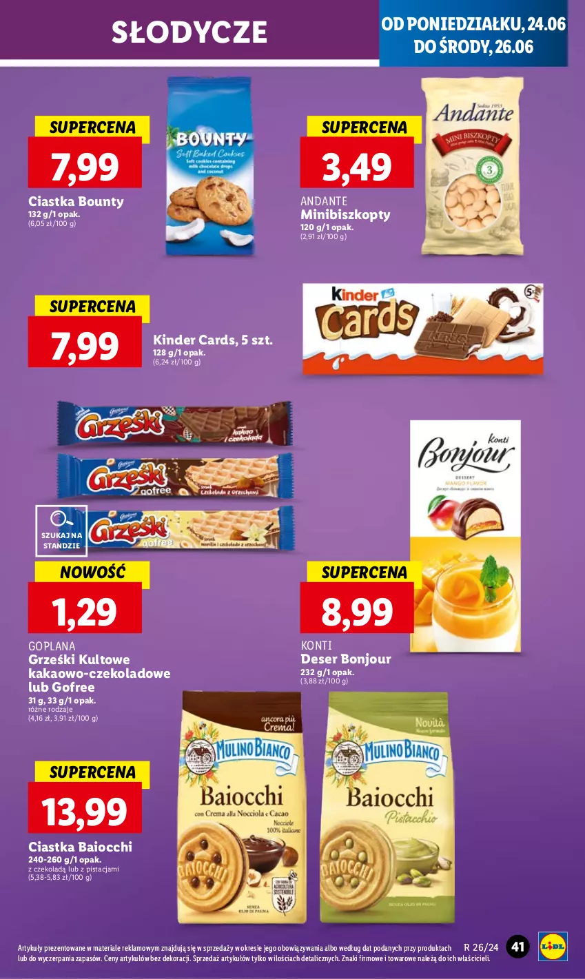 Gazetka promocyjna Lidl - GAZETKA - ważna 24.06 do 26.06.2024 - strona 49 - produkty: Biszkopty, Bounty, Ciastka, Deser, Goplana, Grześki, Kakao, Kinder, LANA, Ser