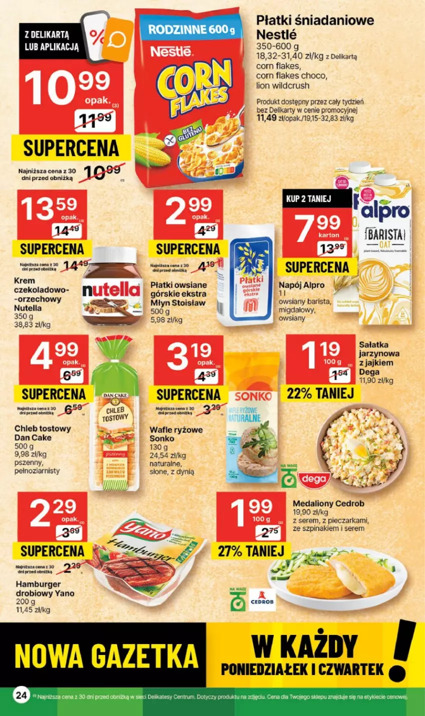 Gazetka promocyjna Delikatesy Centrum - Gazetka DC39 czw-sr - ważna 05.10 do 11.10.2023 - strona 24 - produkty: Alpro, Burger, Chleb, Chleb tostowy, Corn flakes, Dan Cake, Danio, Dynią, Hamburger, Lion, Napój, Piec, Pieczarka, Płatki owsiane, Rum, Ryż, Sałat, Sałatka, Ser, Sonko, Szpinak, Wafle