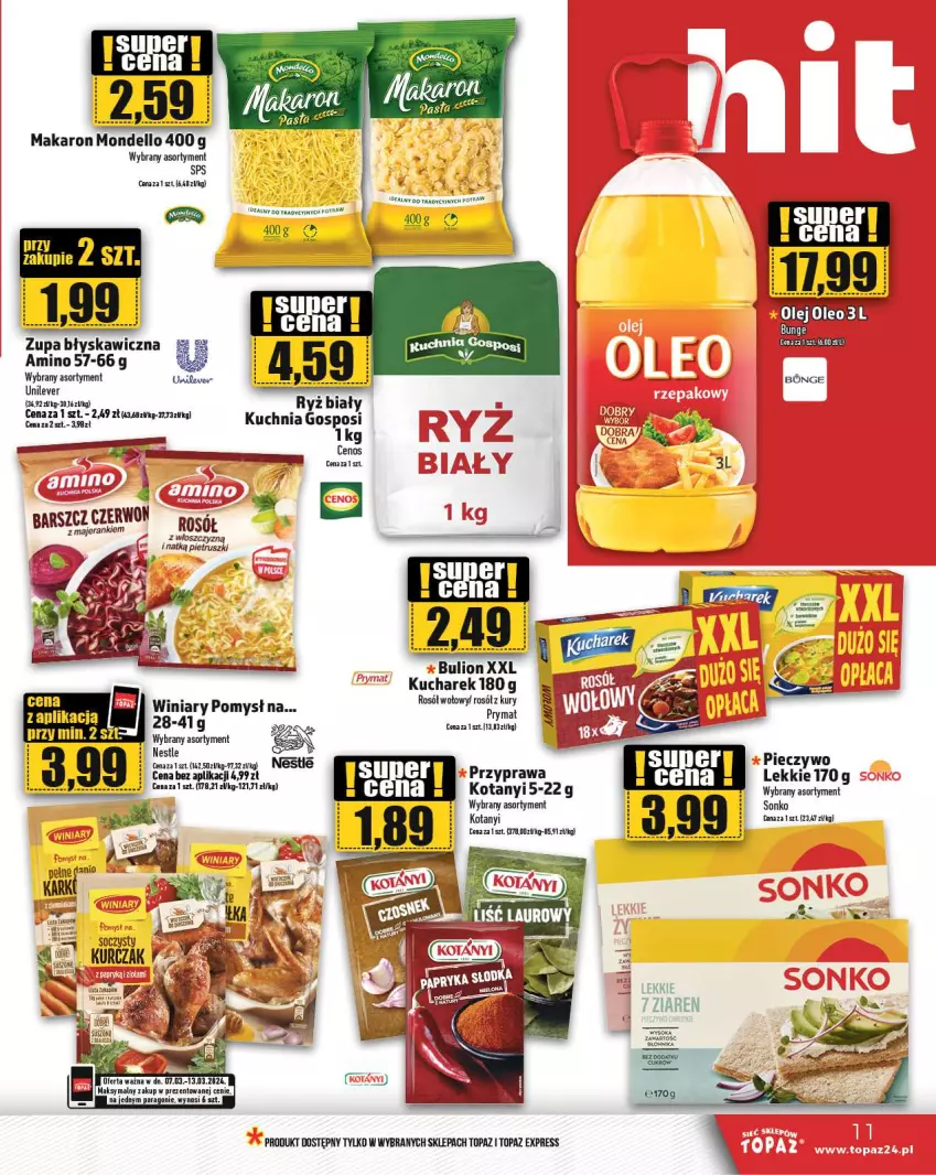 Gazetka promocyjna Topaz - Gazetka - ważna 07.03 do 13.03.2024 - strona 11 - produkty: Bulion, Cenos, Dell, Fa, Kucharek, Kuchnia, Lion, Makaron, Piec, Pieczywo, Rosół, Rosół wołowy, Ryż, Ryż biały, Sonko, Top, Winiary, Zupa