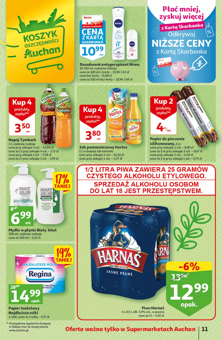 Gazetka promocyjna Auchan - Gazetka Wielkanoc na Twoim stole Supermarket Auchan - ważna 30.03 do 08.04.2023 - strona 11 - produkty: Antyperspirant, Dezodorant, Gra, Harnaś, Hortex, Mydło, Mydło w płynie, Napój, Nivea, Papier, Papier do pieczenia, Papier toaletowy, Piec, Piwa, Piwo, Rolki, Sok, Sok pomarańczowy, Tymbark