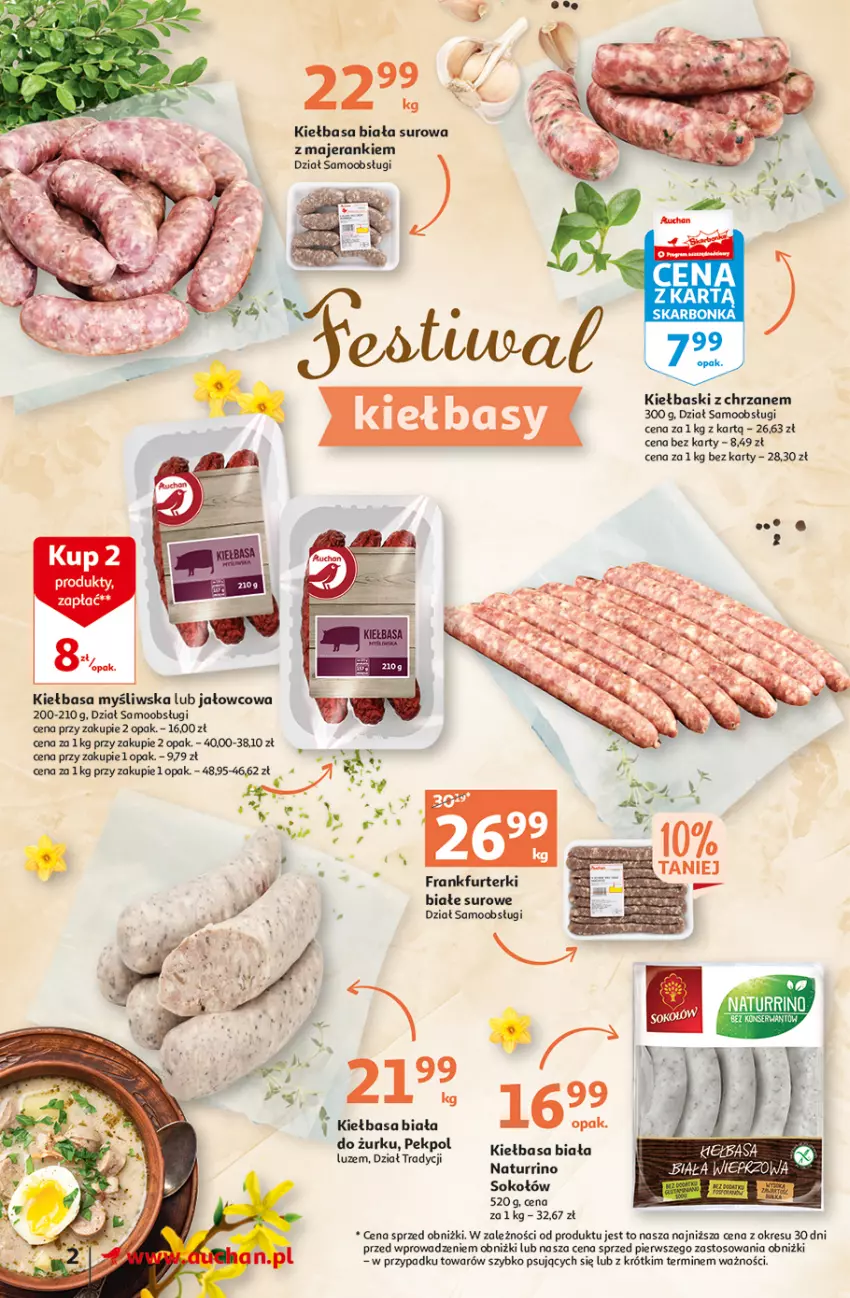 Gazetka promocyjna Auchan - Gazetka Wielkanoc na Twoim stole Supermarket Auchan - ważna 30.03 do 08.04.2023 - strona 2 - produkty: Chrzan, Frankfurterki, Kiełbasa, Kiełbasa biała, O nas, Pekpol, Sok, Sokołów