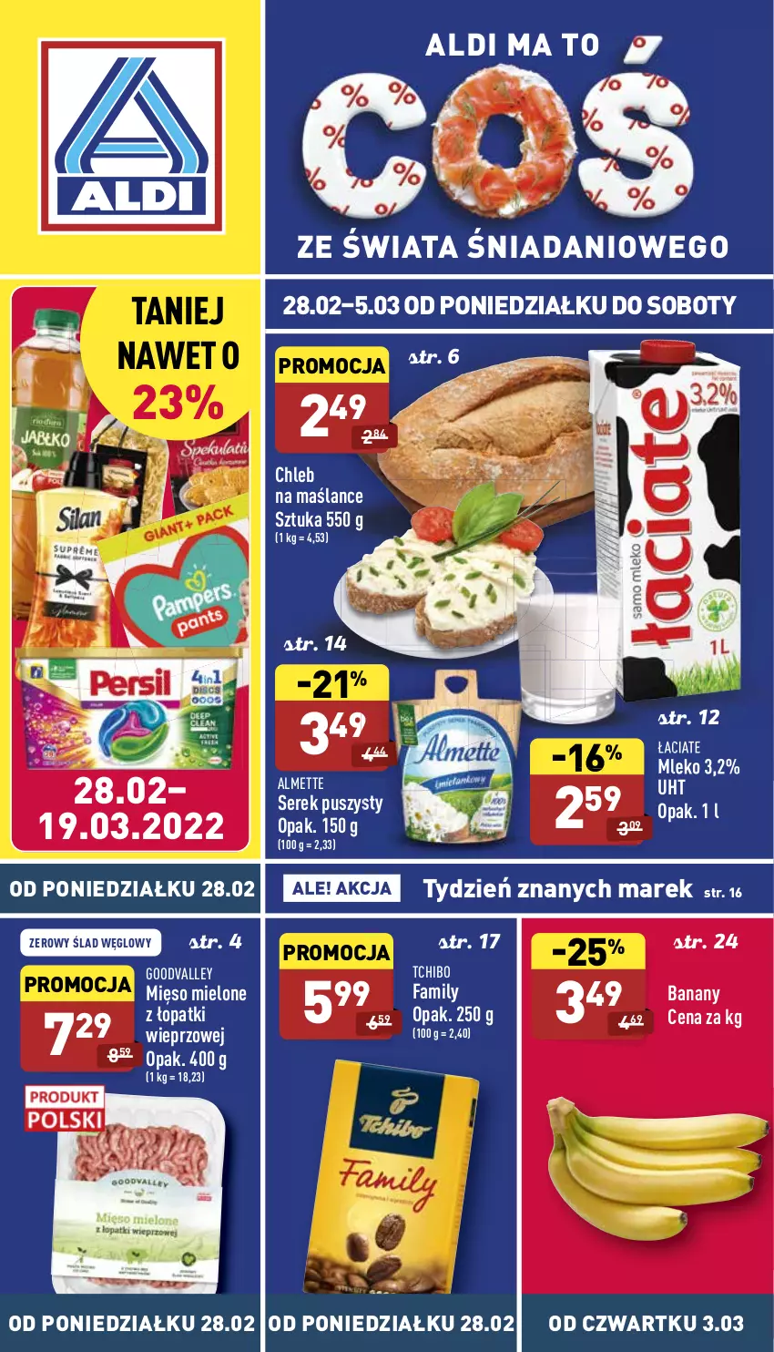 Gazetka promocyjna Aldi - Katalog spożywczy - ważna 28.02 do 05.03.2022 - strona 1 - produkty: Almette, Banany, Chleb, Danio, Fa, Mięso, Mięso mielone, Mleko, Ser, Serek, Serek puszysty, Tchibo, Tchibo Family