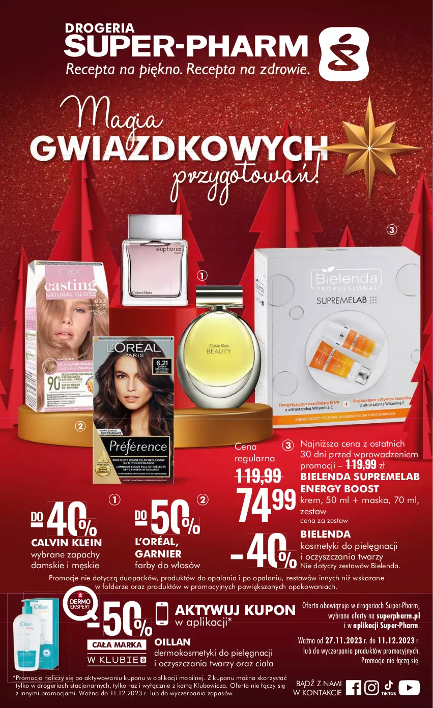 Gazetka promocyjna Super Pharm - Gazetka - ważna 27.11 do 11.12.2023 - strona 1 - produkty: Bielenda, Calvin Klein, Fa, Garnier, Kosmetyki do pielęgnacji, L’Oréal, Maska, Mobil, Oillan