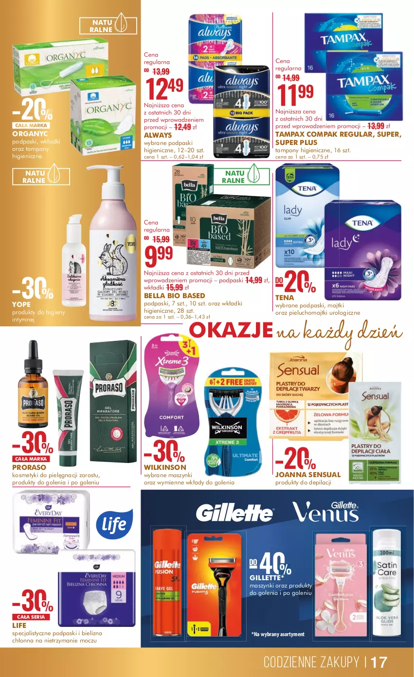 Gazetka promocyjna Super Pharm - Gazetka - ważna 27.11 do 11.12.2023 - strona 17 - produkty: Always, Bell, Bella, Bielizna, Gillette, Joanna, Kosmetyki do pielęgnacji, Majtki, Pax, Pieluchomajtki, Podpaski, Sensual, Ser, Tampax, Tampony, Wkładki, Yope