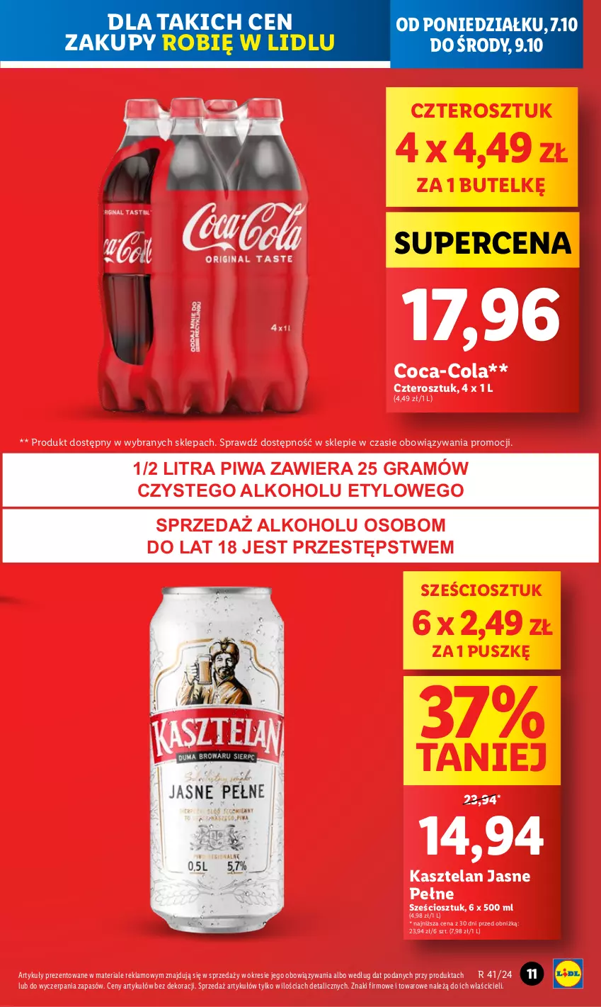 Gazetka promocyjna Lidl - GAZETKA - ważna 07.10 do 09.10.2024 - strona 11 - produkty: Coca-Cola, Gra, Kasztelan, Piwa