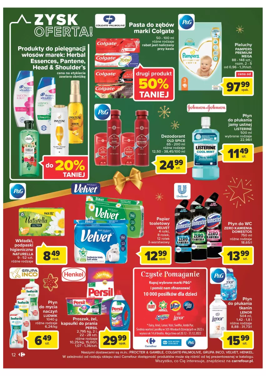 Gazetka promocyjna Carrefour - Gazetka Gazetka Market Gorzów Wielkopolski - ważna 19.12 do 24.12.2022 - strona 12 - produkty: Ambi Pur, Ariel, Colgate, Dezodorant, Domestos, Dzieci, Fa, Fairy, Kapsułki do prania, Lenor, LG, Listerine, Naturell, Naturella, Old Spice, Palmolive, Pampers, Pantene, Papier, Persil, Płyn do płukania, Płyn do płukania jamy ustnej, Płyn do wc, Podpaski, Pur, Rolki, Sos, Velvet, Vizir, Wkładki