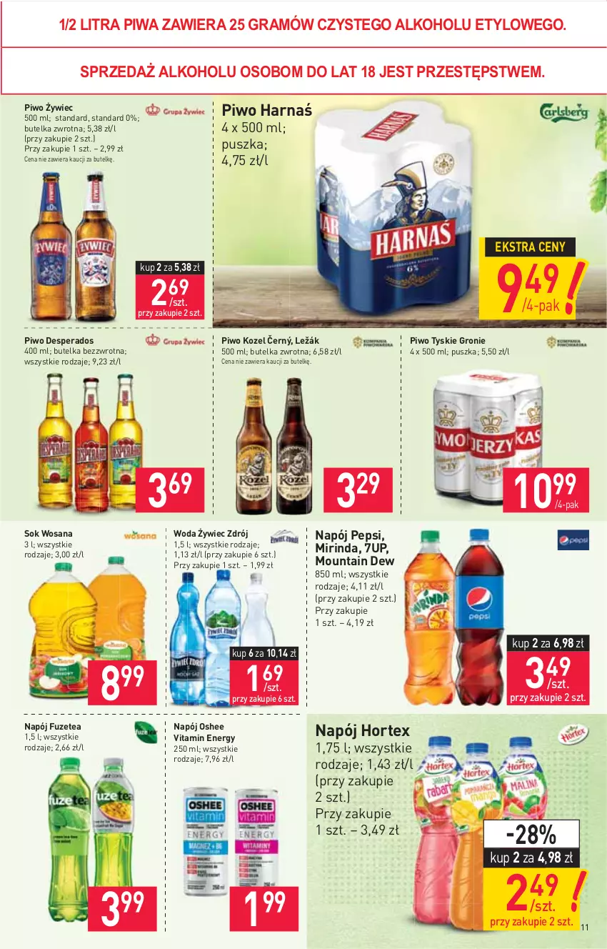 Gazetka promocyjna Stokrotka - Supermarket - ważna 08.04 do 14.04.2021 - strona 11 - produkty: 7up, Desperados, Gra, Harnaś, Hortex, Kozel, Mirinda, Napój, Oshee, Pepsi, Piwa, Piwo, Sok, Tyskie, Woda, Wosana