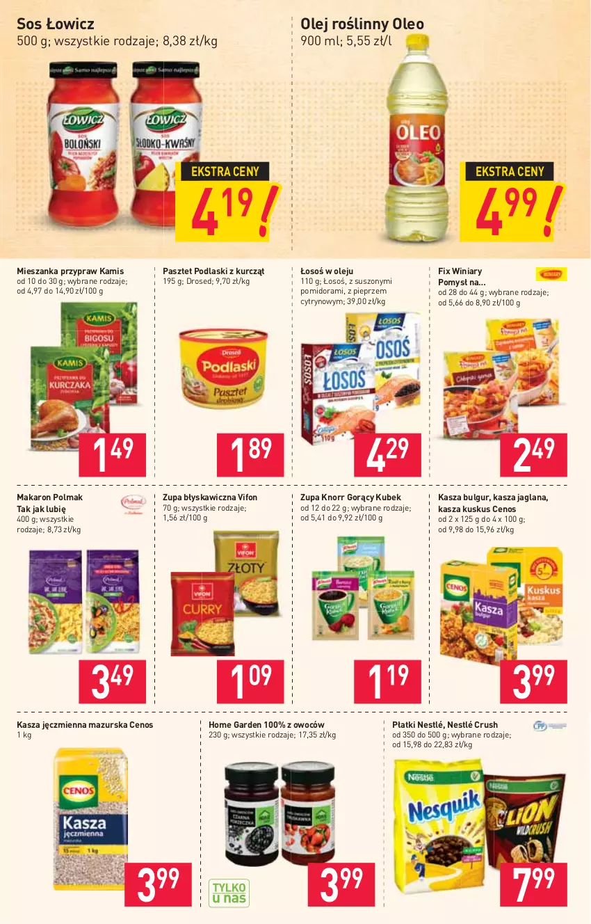 Gazetka promocyjna Stokrotka - Supermarket - ważna 08.04 do 14.04.2021 - strona 8 - produkty: Bulgur, Cenos, Kamis, Kasza, Kasza jaglana, Kasza jęczmienna, Knorr, Kubek, Kuskus, LANA, LG, Makaron, Nestlé, Olej, Olej roślinny, Oleo, Olma, Pasztet, Pieprz, Podlaski, Sos, Winiary, Zupa