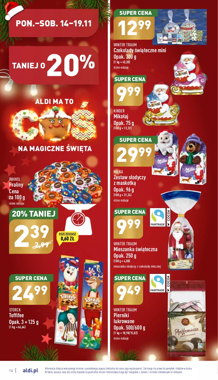 Gazetka promocyjna Aldi - Pełny katalog - ważna 14.11 do 19.11.2022 - strona 14 - produkty: Kinder, Milka, Piernik, Praliny, Toffifee, Wawel