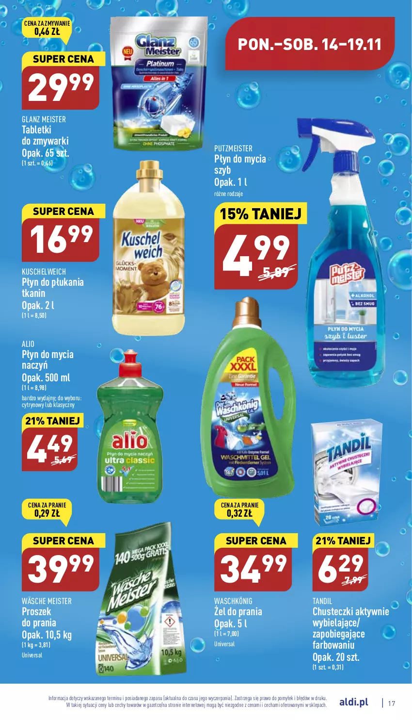 Gazetka promocyjna Aldi - Pełny katalog - ważna 14.11 do 19.11.2022 - strona 17 - produkty: Chusteczki, Do mycia naczyń, Fa, König, Płyn do mycia, Płyn do mycia naczyń, Płyn do płukania, Proszek do prania, Putzmeister, Tablet, Tabletki do zmywarki, Zmywarki