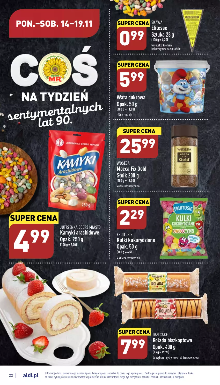 Gazetka promocyjna Aldi - Pełny katalog - ważna 14.11 do 19.11.2022 - strona 22 - produkty: Dan Cake, Jutrzenka, Kakao, Kamyki arachidowe, Kawa, Kawa rozpuszczalna, Mocca Fix Gold, Rolada, Wafelek, Wata cukrowa, Woseba