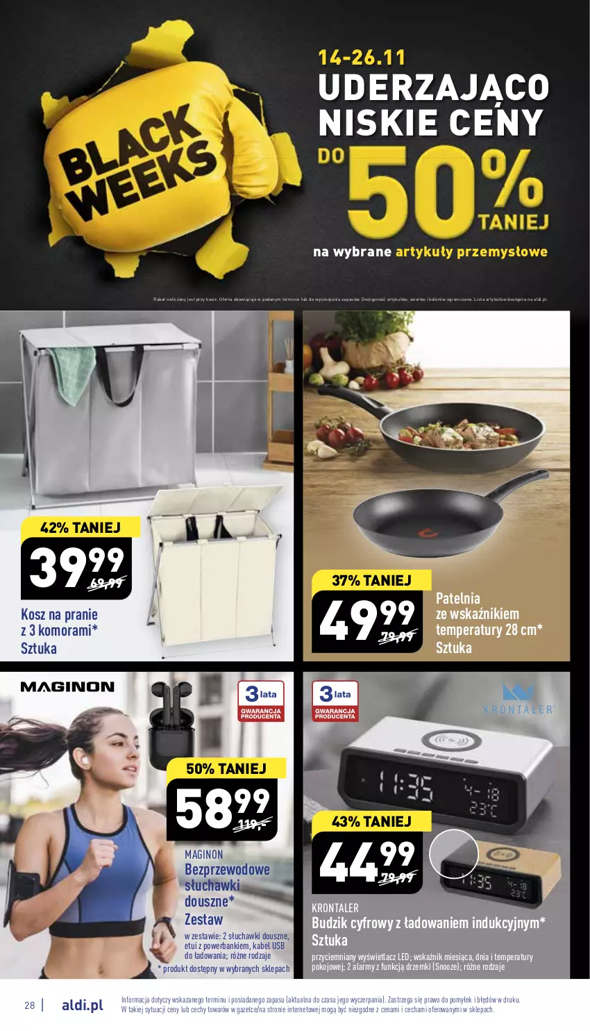 Gazetka promocyjna Aldi - Pełny katalog - ważna 14.11 do 19.11.2022 - strona 28 - produkty: Budzik, Gin, Gra, Kabel USB, Kosz, Patelnia, Powerbank, Słuchawki