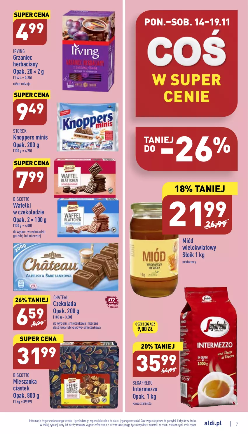 Gazetka promocyjna Aldi - Pełny katalog - ważna 14.11 do 19.11.2022 - strona 7 - produkty: Czekolada, Deser, Irving, Kawa, Kawa ziarnista, Knoppers, Miód, Nektar, Segafredo, Ser, Stek