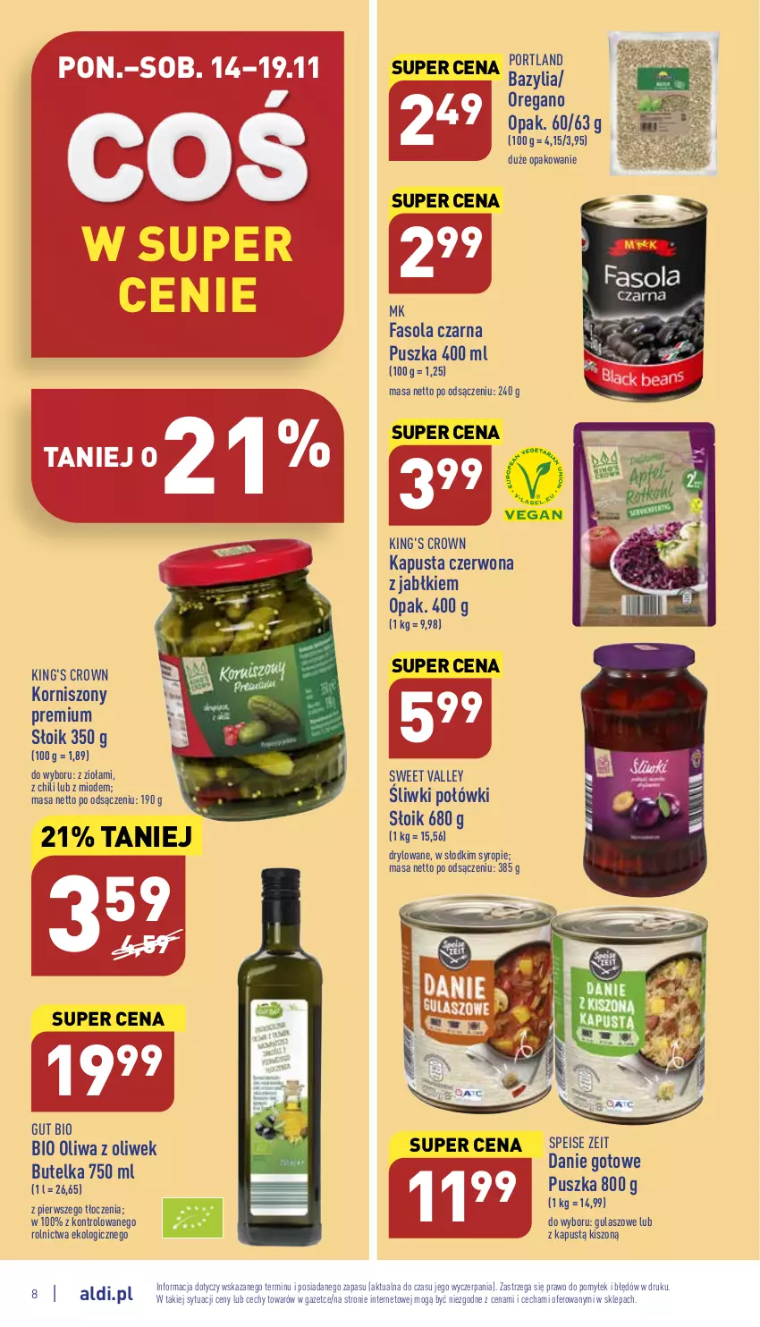 Gazetka promocyjna Aldi - Pełny katalog - ważna 14.11 do 19.11.2022 - strona 8 - produkty: Bazyl, Bazylia, Danie gotowe, Fa, Fasola, Kapustą, Korniszony, Oliwa z oliwek, Por, Syrop