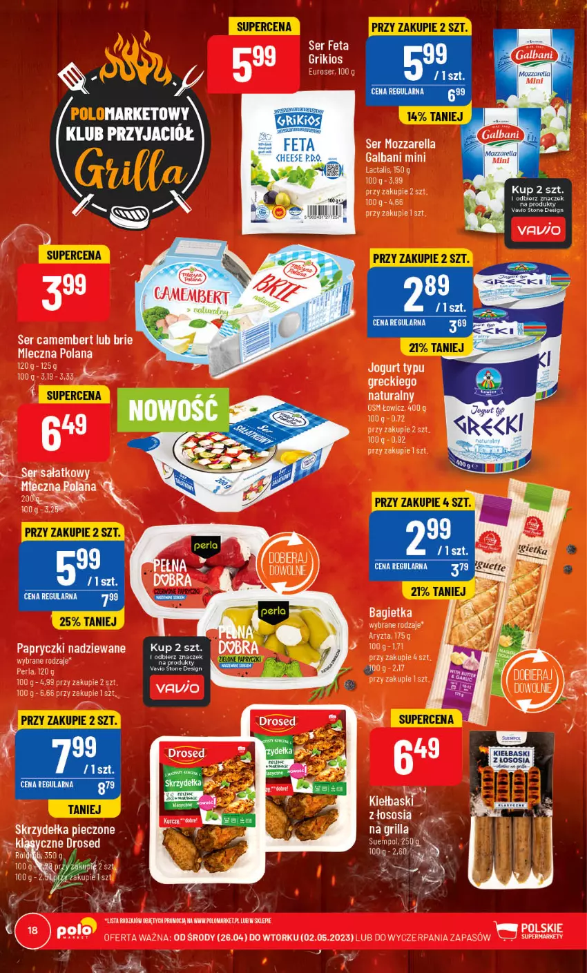 Gazetka promocyjna PoloMarket - Gazetka pomocyjna - ważna 26.04 do 02.05.2023 - strona 18 - produkty: Bagietka, Brie, Camembert, Feta, Galbani, LANA, Mozzarella, Papryczki nadziewane, Piec, Ser, Skrzydełka pieczone, Sos, Suempol