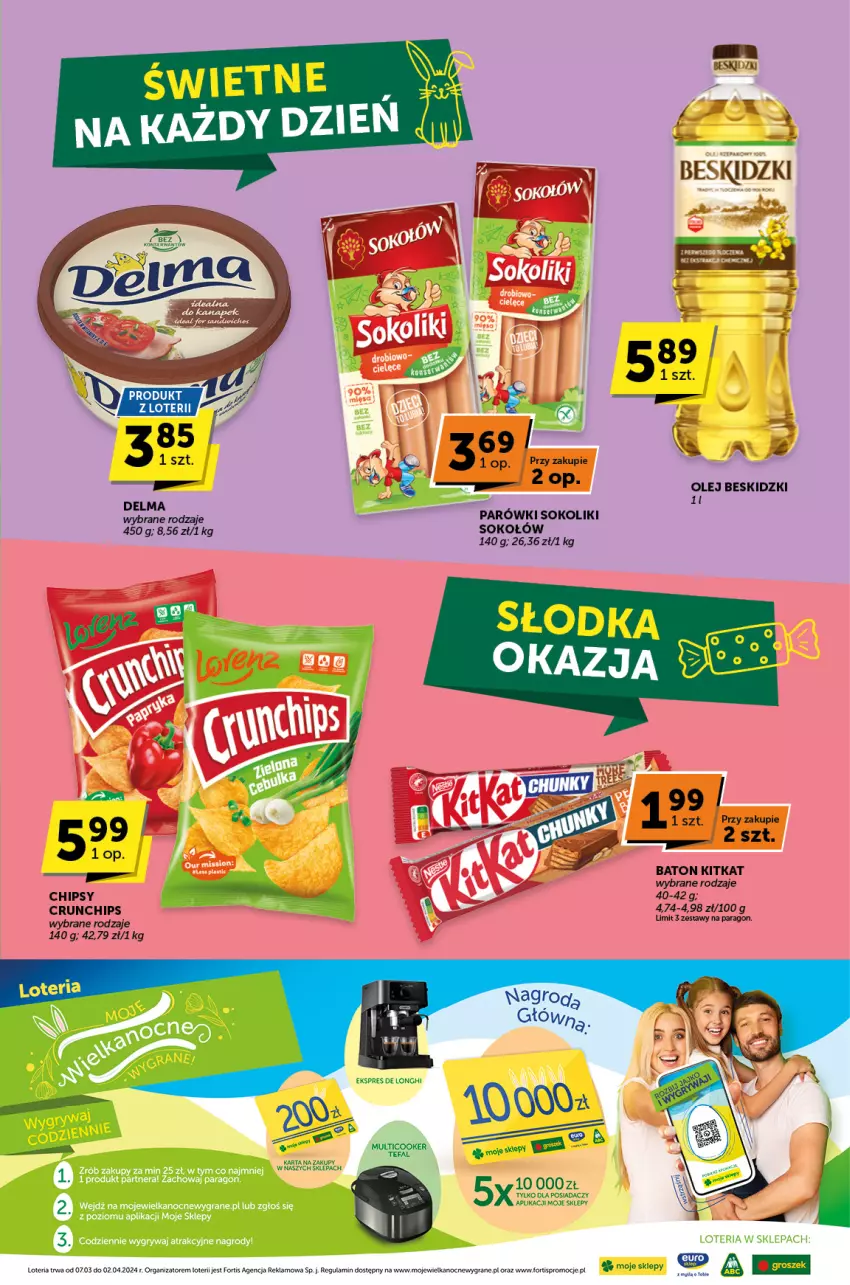 Gazetka promocyjna ABC - ważna 07.03 do 19.03.2024 - strona 3 - produkty: Baton, Beskidzki, Chipsy, Crunchips, Delma, Gra, Olej, Parówki, Parówki sokoliki, Sok, Sokołów