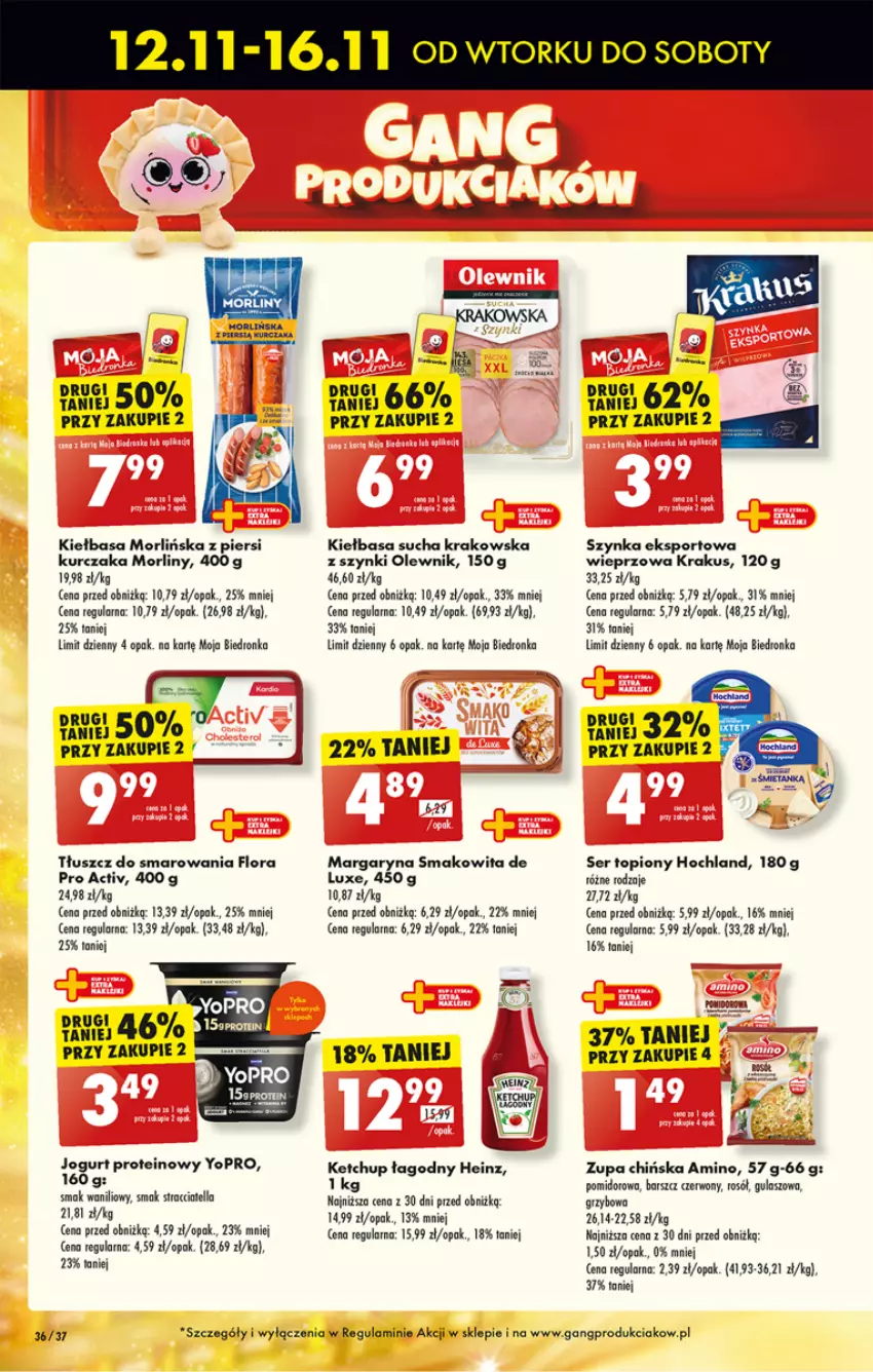 Gazetka promocyjna Biedronka - Od poniedzialku - ważna 18.11 do 23.11.2024 - strona 42 - produkty: Dron, Flora, Heinz, Hochland, Jogurt, Ketchup, Kiełbasa, Krakus, Kurczak, Margaryna, Morliny, Olewnik, Por, Rosół, Ser, Ser topiony, Smakowita, Sport, Szynka, Top, Zupa