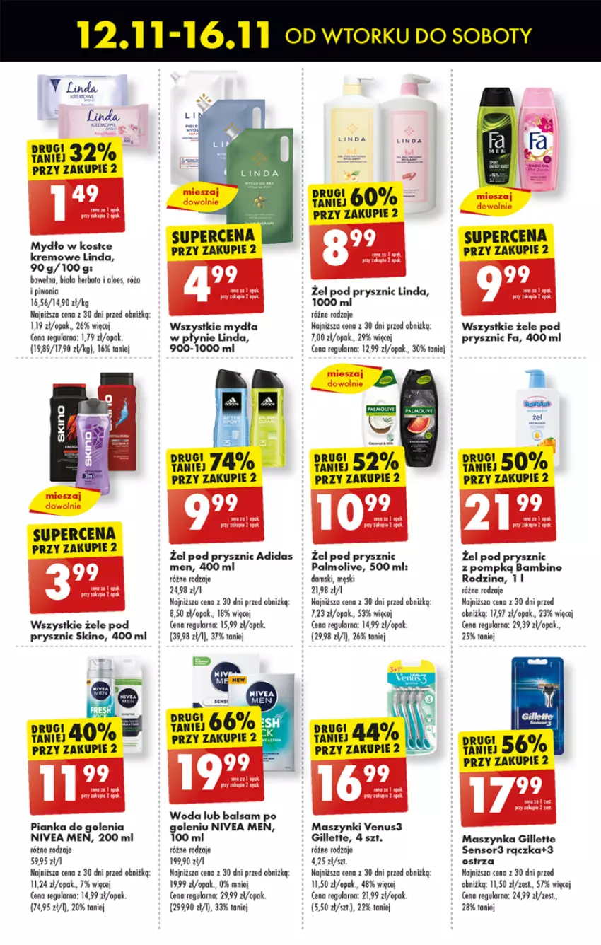 Gazetka promocyjna Biedronka - Od poniedzialku - ważna 18.11 do 23.11.2024 - strona 67 - produkty: Adidas, Balsam po goleniu, Fa, Gillette, Herbata, Maszynka, Mydło, Nivea, Nivea Men, Palmolive, Pianka do golenia, Piwo, Róża, Szynka, Venus, Wełna, Woda