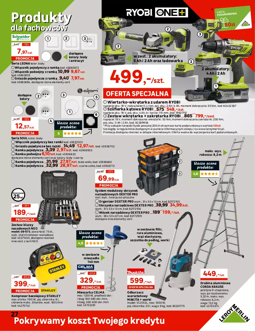 Gazetka promocyjna Leroy Merlin - Świąteczne miasteczko - ważna 19.11 do 24.12.2021 - strona 27 - produkty: Akumulator, Celma, Drabina, Fa, Gniazdo pojedyncze, Kompresor, Kosz, Leon, Makita, Mieszadło, Odkurzacz, Odkurzacz warsztatowy, Olej, Organizer, Pokrywa, Ramka, Rura, Ser, Skrzynka narzędziowa, Szczotka, Szlifierka, Szlifierka kątowa, Tarka, Top, Waga, Warka, Wkręt, Wkrętarka, Włącznik podwójny, Włącznik pojedynczy, Wózek, Zestaw kluczy, Zestaw kluczy nasadowych