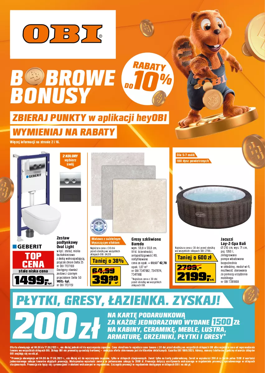 Gazetka promocyjna Obi - Gazetka OBI - ważna 04.06 do 17.06.2025 - strona 1 - produkty: Dres, Gres, Grzejnik, Meble, Miska, Mobil, Sok, Telefon, Top