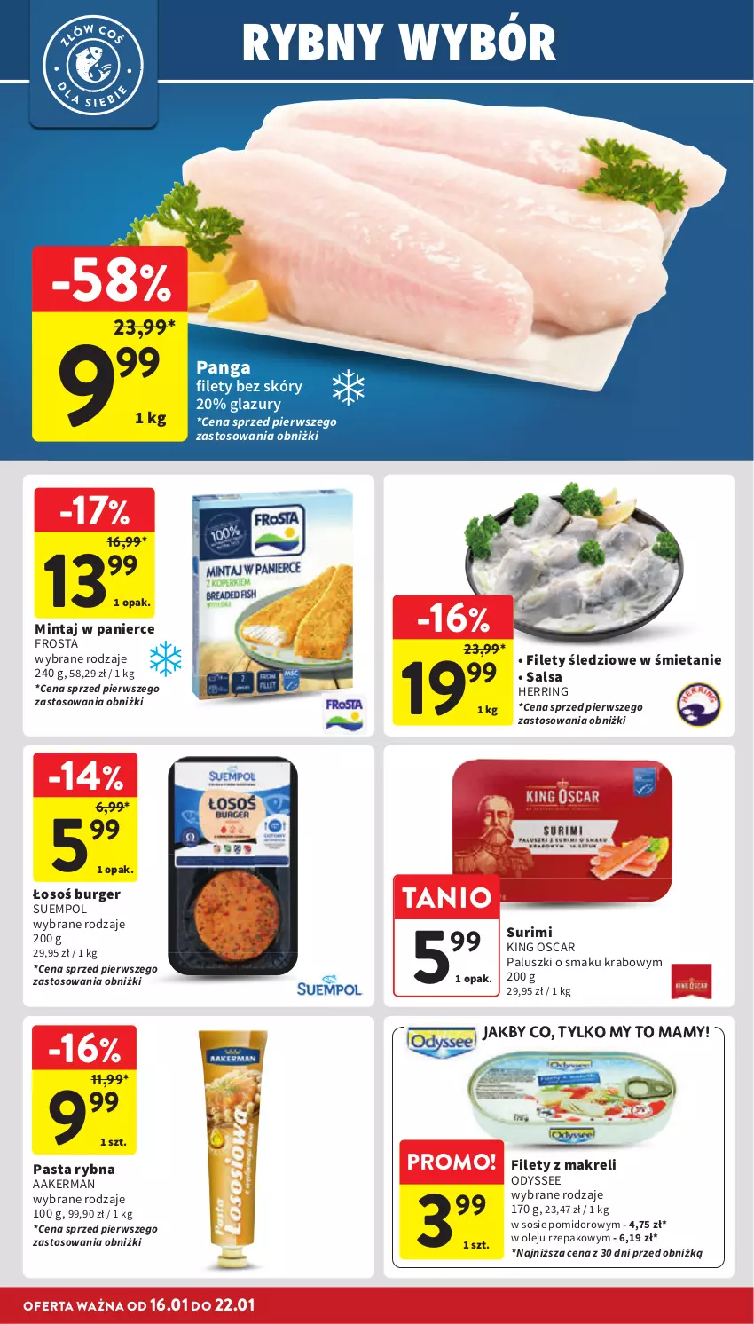 Gazetka promocyjna Intermarche - Gazetka Intermarche - ważna 16.01 do 22.01.2025 - strona 22 - produkty: Burger, Frosta, Lazur, Mintaj, Olej, Panga, Salsa, Sos, Suempol, Surimi