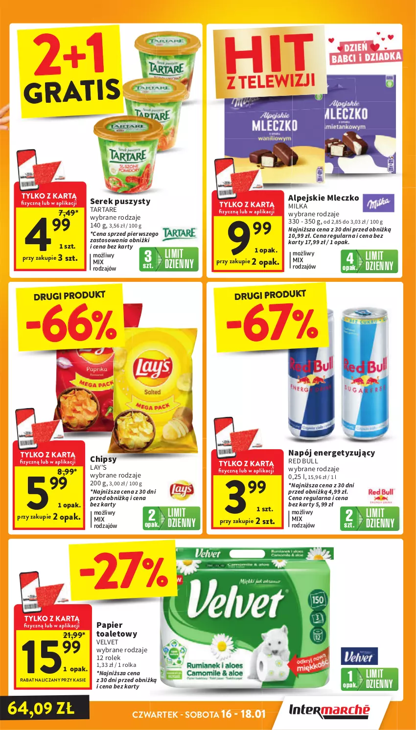 Gazetka promocyjna Intermarche - Gazetka Intermarche - ważna 16.01 do 22.01.2025 - strona 3 - produkty: Chipsy, Gra, Milka, Mleczko, Napój, Papier, Papier toaletowy, Red Bull, Ser, Serek, Serek puszysty, Tarta, Tartare, Velvet