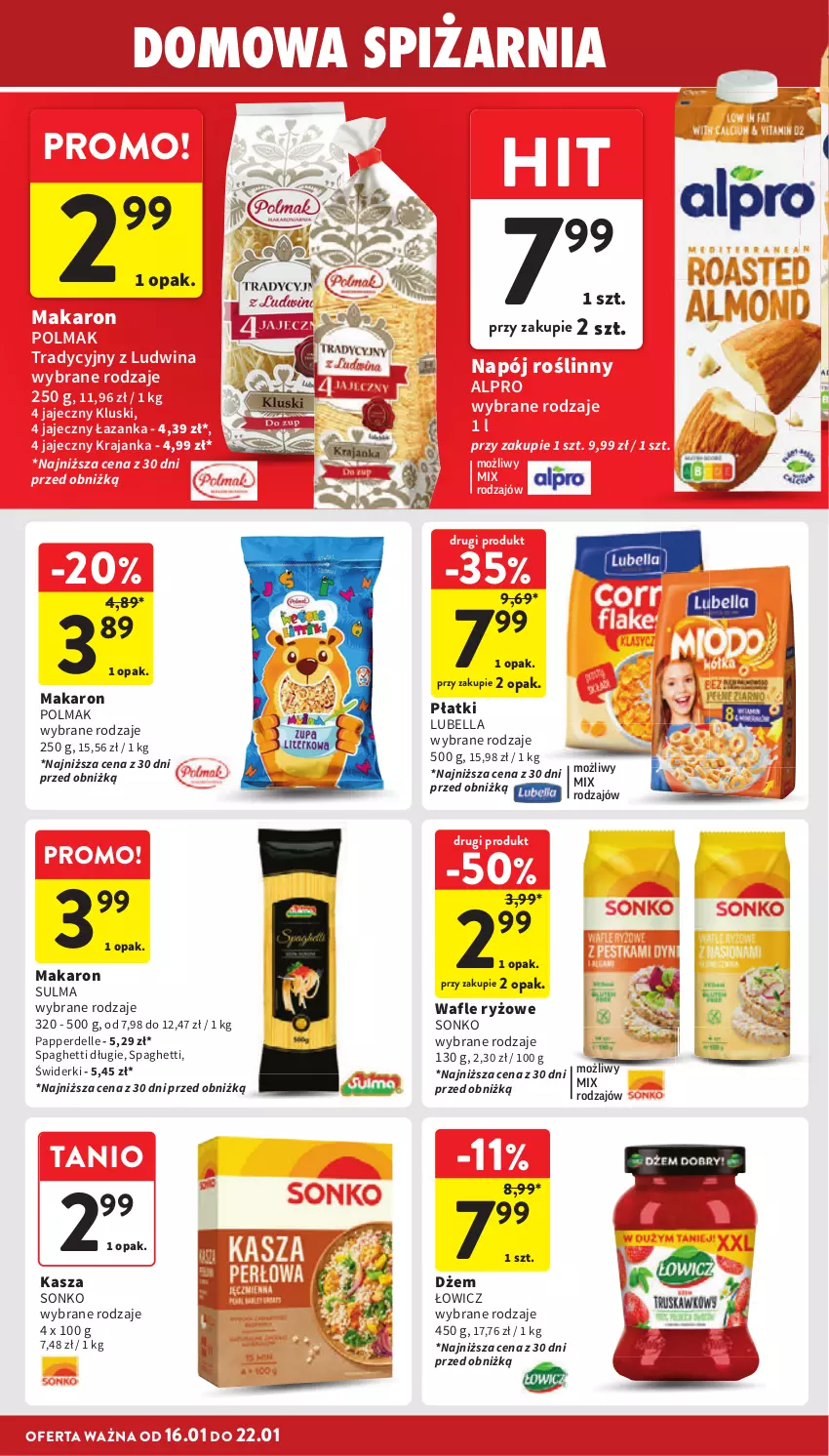 Gazetka promocyjna Intermarche - Gazetka Intermarche - ważna 16.01 do 22.01.2025 - strona 30 - produkty: Alpro, Bell, Bella, Dell, Dżem, Kasza, Lubella, Makaron, Napój, Napój roślinny, Olma, Ryż, Sonko, Spaghetti, Wafle