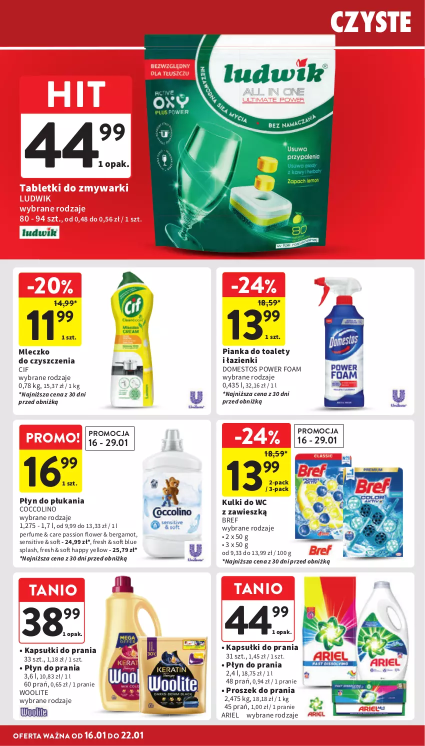 Gazetka promocyjna Intermarche - Gazetka Intermarche - ważna 16.01 do 22.01.2025 - strona 36 - produkty: Ariel, Bref, Cif, Coccolino, Domestos, Kapsułki do prania, Kulki do wc, Ludwik, Mleczko, Perfum, Płyn do płukania, Płyn do prania, Proszek do prania, Tablet, Tabletki do zmywarki, Woolite, Zmywarki